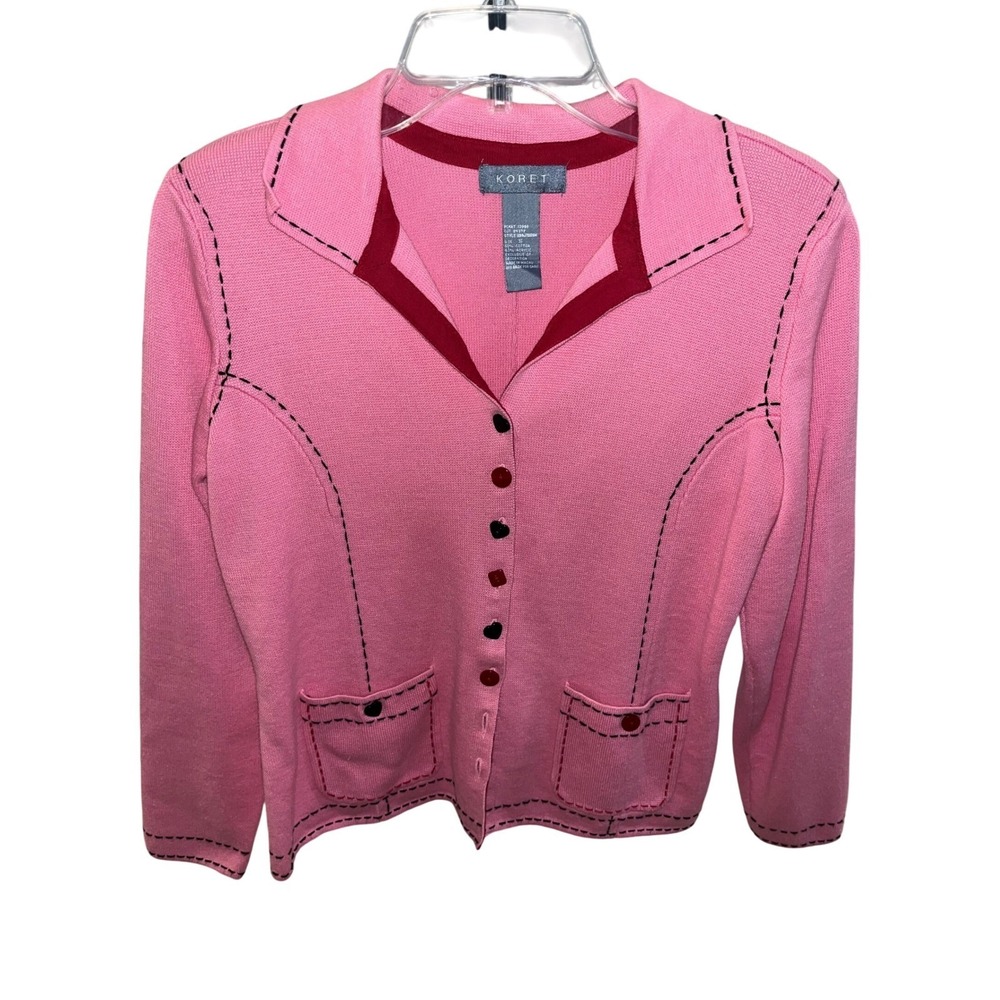 Pink Koret Cardigan Black Stitching Pockets Button Front Women's Size S